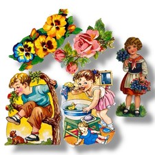 5 Vintage Oblaten Lackbilder Poesiealbum Kinder Zähneputzen Deko Bad Alt Mängel