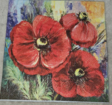 4 Servietten Blumen Blüten roter Mohn Mohnblume   - B81