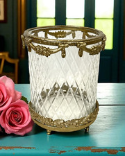 Edles Glas mit Schliff und Messing Windlicht Vase Antik Look 17cm Rund 1,26kg