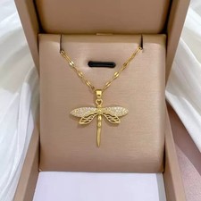 Damen Halskette Gold Überzug Frauen Schmuck Libelle Anhänger Kette Gold Zirkonia