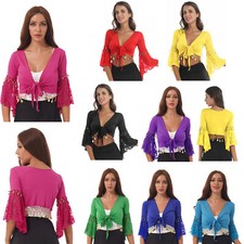Damen Bauchtanz Kostüm Oberteil Langarm Trompetenärmel Jäckchen Binden Top Shirt