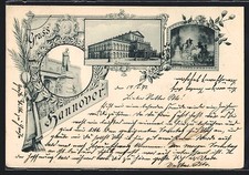 Ansichtskarte Hannover, Hoftheater mit Vorhang, Marschner-Denkmal 1897 