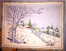 Stickbild-Wollbild-Wandbild im goldfarben Rahmen Wintermotiv 66x50 cm.