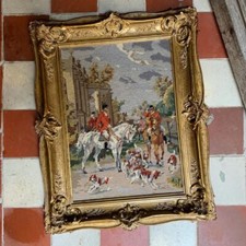 Goldrahmen Stickbild Bilderrahmen Gobelin gestickt Pferde Hunde Barock vintage