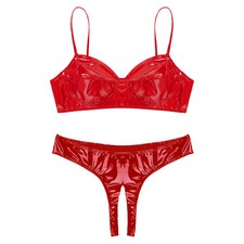 DE Damen Dessous Set Wetlook Lackleder BH Top Offener Schritt Slips Nachtwäsche