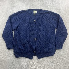 ARAN Damen Pullover Strickjacke L Blau Cardigan Wolle Zopfmuster Vintage Irland