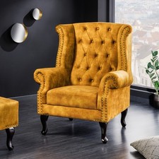 Design Ohrensessel CHESTERFIELD 85cm senfgelb Samt Knopfheftung gepolstert