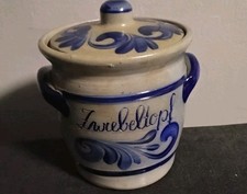 Zwiebeltopf mit Deckel Ton KERAMIK STEINGUT grau blau HANDARBEIT 