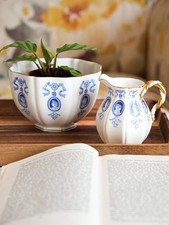 Antike Coalport Schleifenband Medaillon Swag Zuckerdose und Milchkännchen Porzellan