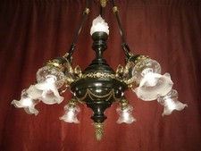 großer alter Empire Kronleuchter original Grünlack herrschaftlich 7 Lampen