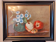 Stillleben - Signiert mit W. Walther -In Glas gerahmt - Blumen & Vase mit Äpfeln