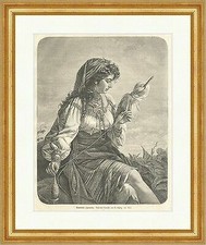 Rumänische Zigeunerin Holzstich Kopftuch Spindel Ketten Schmuck Flachs E 1260