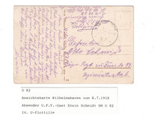 3F Feldp. Marineschiffspost Wilhelmshaven 8.7.18 S.M.Unterseeboot U 82 submarine