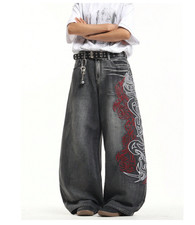 🔥 EXTREME Baggy Wide Leg Jeans Grau - Y2K Streetwear Jeans Hose mit Rot