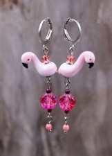 Flamingo Ohrringe Blüten Pink Lampwork Perlen Ohrhänger Edelstahl #LB003