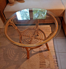Rattan Couchtisch rund mit Glasplatte 74,5 cm