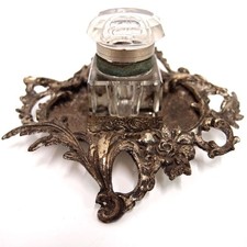 Tintenfass Glas Metall silberfarben Tintenglas 13 cm Tintenflasche fein verziert