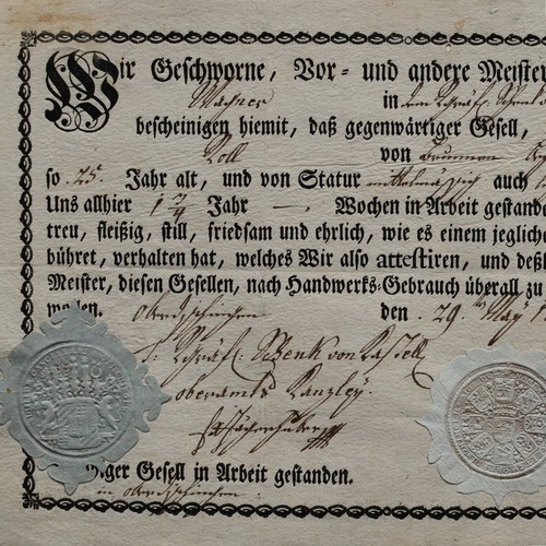 Gesellenbrief wagner 1806 - gesellenbrief,