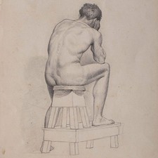 Männerakt Rückenakt Akademische Studie Zeichnung Bleistift um 1850 unsigniert