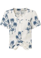 Leinen-Bluse mit Knotendetail Gr. 42 Weiß Blau Damenbluse Hemd Tunika Neu*