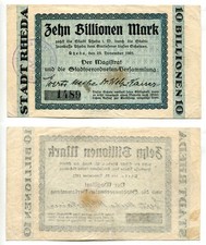 10 Billionen Mark Stadt Rheda 23.11.1923 mit Stempel, Erhaltung III  SEHR SELTEN