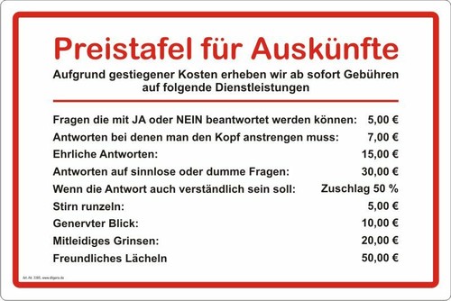 Preistafel für auskünfte - preistafel,