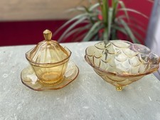 Antik Art Déco Konfitüren Marmelade Glasdose und Sahneschälchen Pressglas gelb