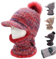 Damen Skimütze Sturmhaube Thermo Strickmütze mit Schal Gefütterte Schirmmütze