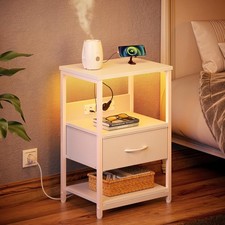 Rolanstar Nachttisch mit LED, Beistelltisch mit Steckdose & Stoffschublade