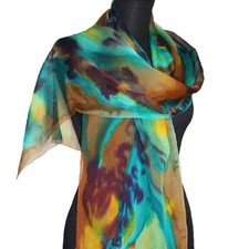 Seidenschal Unikat Seidenmalerei Damen 100% Seide "Earthy" 180x32cm türkis braun