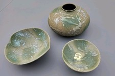 Ruscha Samira, Keramik Set Grün, Vase, Schale, Kerzenhalter, Handarbeit 