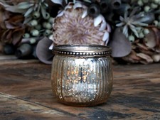 Teelichthalter Glas Perlenrand Vintage Windlicht H7xØ7,5 Champagner Kerzenhalter