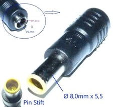 8,0mm x 5,5 Stecker mit Pin auf 5,5x 2,1mm Buche DC Hohlstecker Netzteil Adapter
