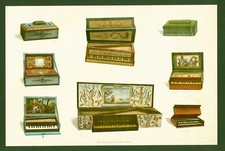 Lithographie 1892 - historische Musikinstrumente - Spinett Virginal Clavichord