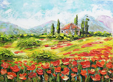 Toskana Landschaft  Mohnfeld,Haus,Berge Original Ölgemälde Miniature.18x25 cm