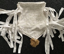 6x STUHLHUSSEN Überwurf zum Binden WEIHNACHTEN gold/weiss Bommeln edel LEINEN