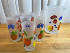 Glasservice Saftservice 7-teilig Saftkrug Dekor Obstmuster Vintage