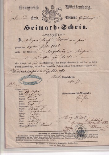 Württ heimatschein v - wÜrtt.,heimatschein,