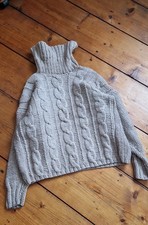 Dicker Pullover Wolle Oversize Rollkragen Grobstrick Zopfmuster Beige S M