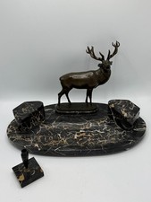 Schreibtischgarnitur Marmor Bronze Hirsch signiert Neuhäuser & Stifthalter ≈1920