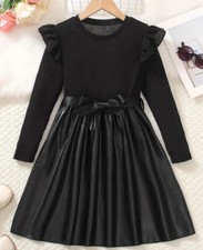 Elegantes Mädchen Kleid mit glänzendem Leder-Look-Rock, Gr.128/134, Neu