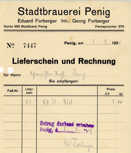 Rechnung stadtbrauerei penig - stadtbrauerei,