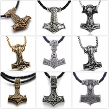 Thor Hammer Halskette Lederkette Anhänger Valhalla Mjölnir Rabe Hugin Vikings 