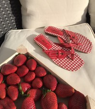 Schuhe 60er Jahre  Sandalen Größe 36 Neu Sommer Schuhe Rot Weiß Lack  Flipflops