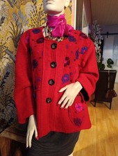 Fleece Wolljacke Rot mit Blumen Futter sehr modern ohne Kragen XL 44 46