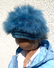 Damen MARABU FEDERN Kopfschmuck Mütze Hut Kappe Häkel Krempel Look Gr. S blau