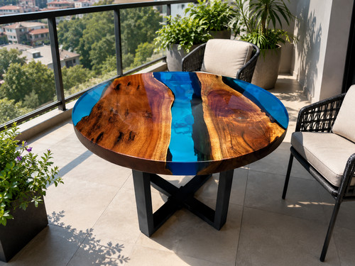 Round epoxy river - table, blue