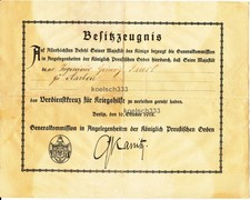 Besitzzeugnis für Kriegshilfe Kommission Königlich Preußischen Orden Aachen 1918