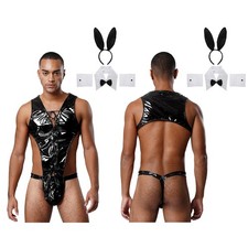 DE Herren 4tlg. Bunny Kostüm Reizwäsche Unterhose Fliege Kragen Armbänder Set