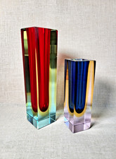 2er Set Murano Glaskunst Vase Blockvase Design Flavio Poli Italy 60er H 20 + 14
